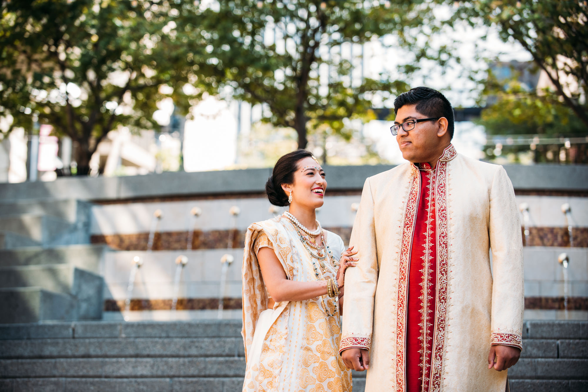 Julie and Neel during their first look, before their Hindu wedding at the Four Seasons, Seattle. 