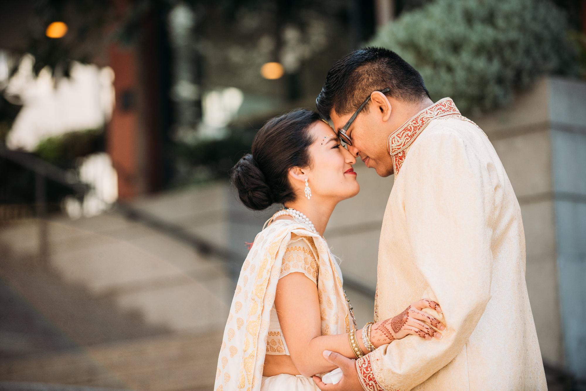 Julie and Neel during their first look, before their Hindu wedding at the Four Seasons, Seattle. 