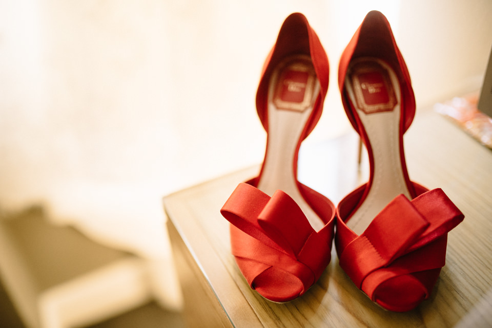 Love Kierstin's red peeptoe heels for her wedding!