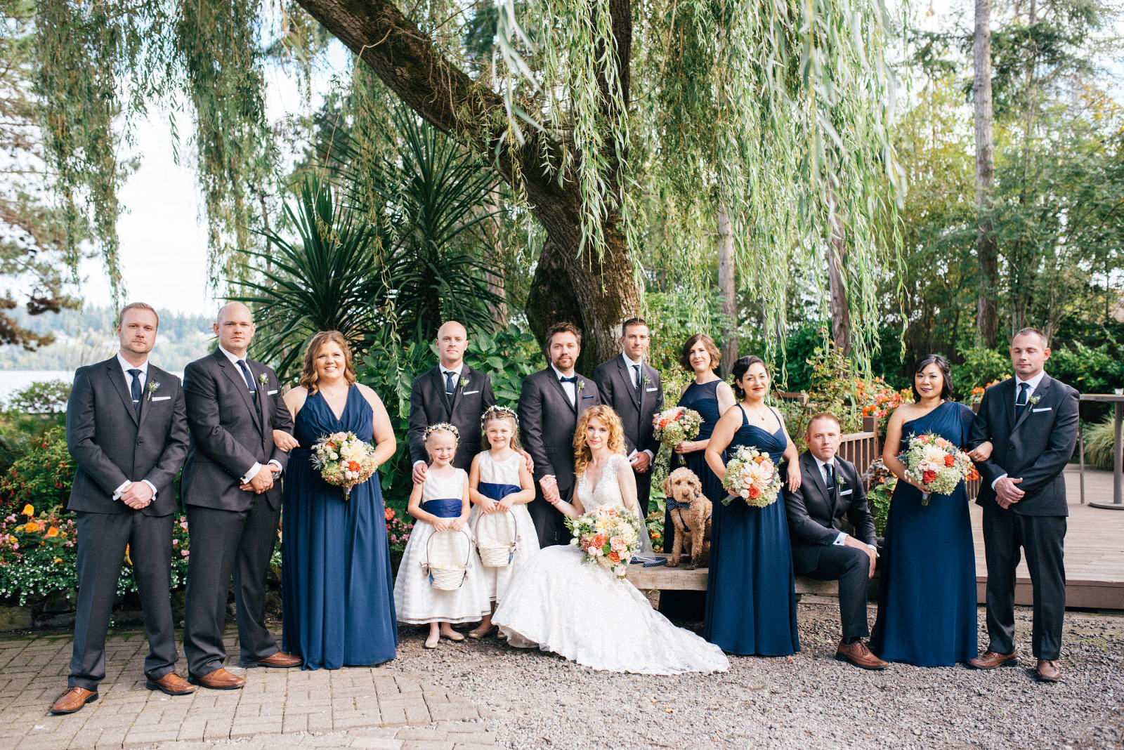 Anna and Kevin with their wedding party at Kiana Lodge, a wedding venue in Poulsbo, WA, summer 2016 (photo by Seattle Wedding Photographers Jennifer Tai Photo Artistry)