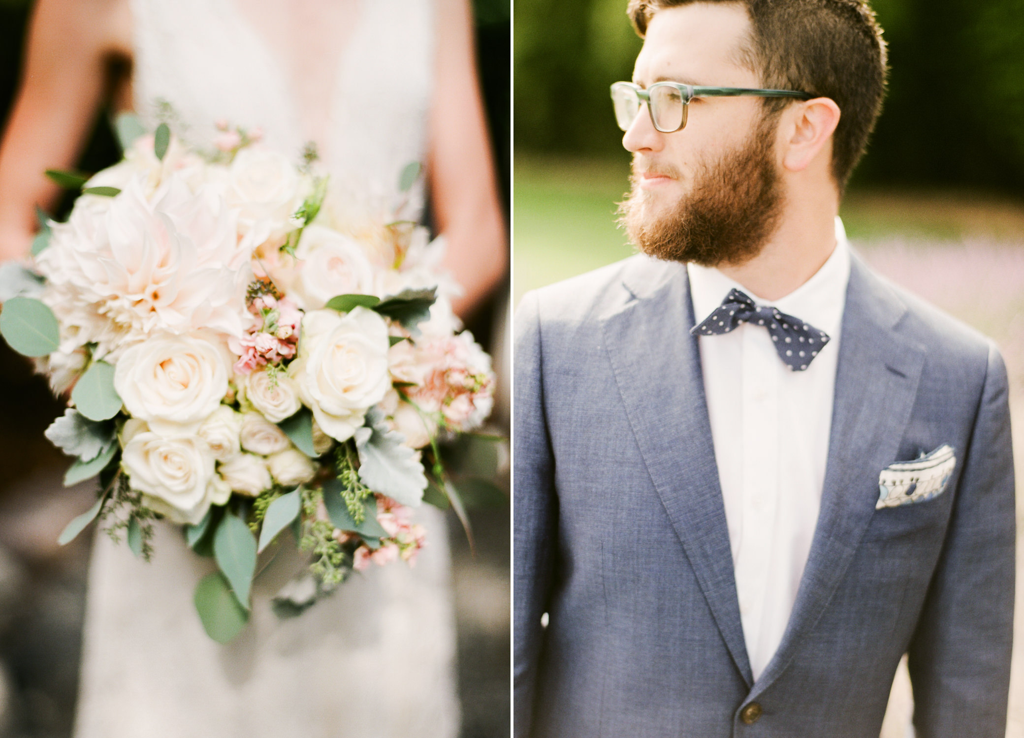 Left: Zoe's bridal bouquet; Right: Daniel waits to see his bride at Woodinville Lavender Farm, Washington, summer 2016