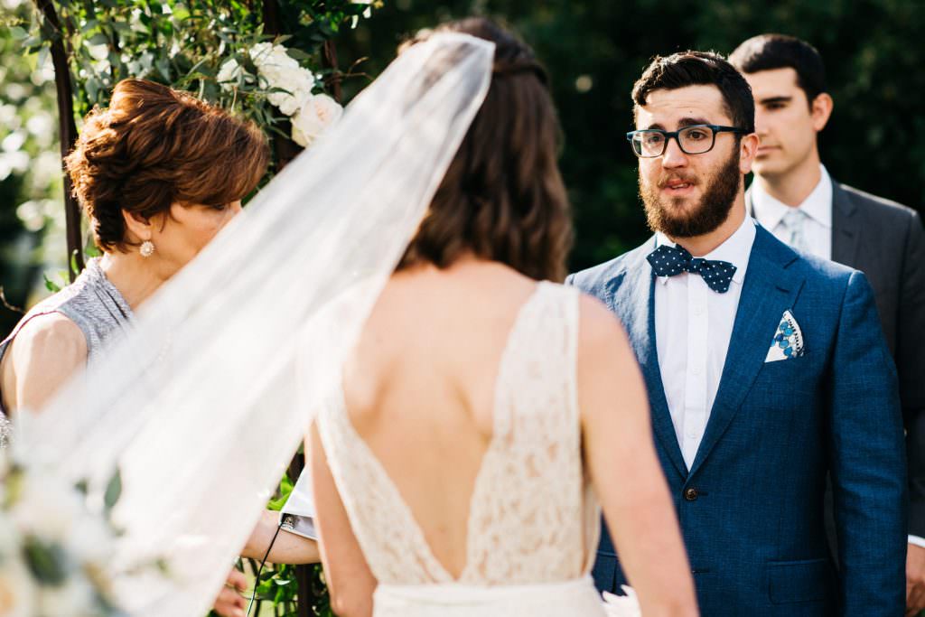 Daniel tears up as he sees Zoe for the first time as her dad walks her down the aisle at Woodinville Lavender Farm, Washington, Summer 2016