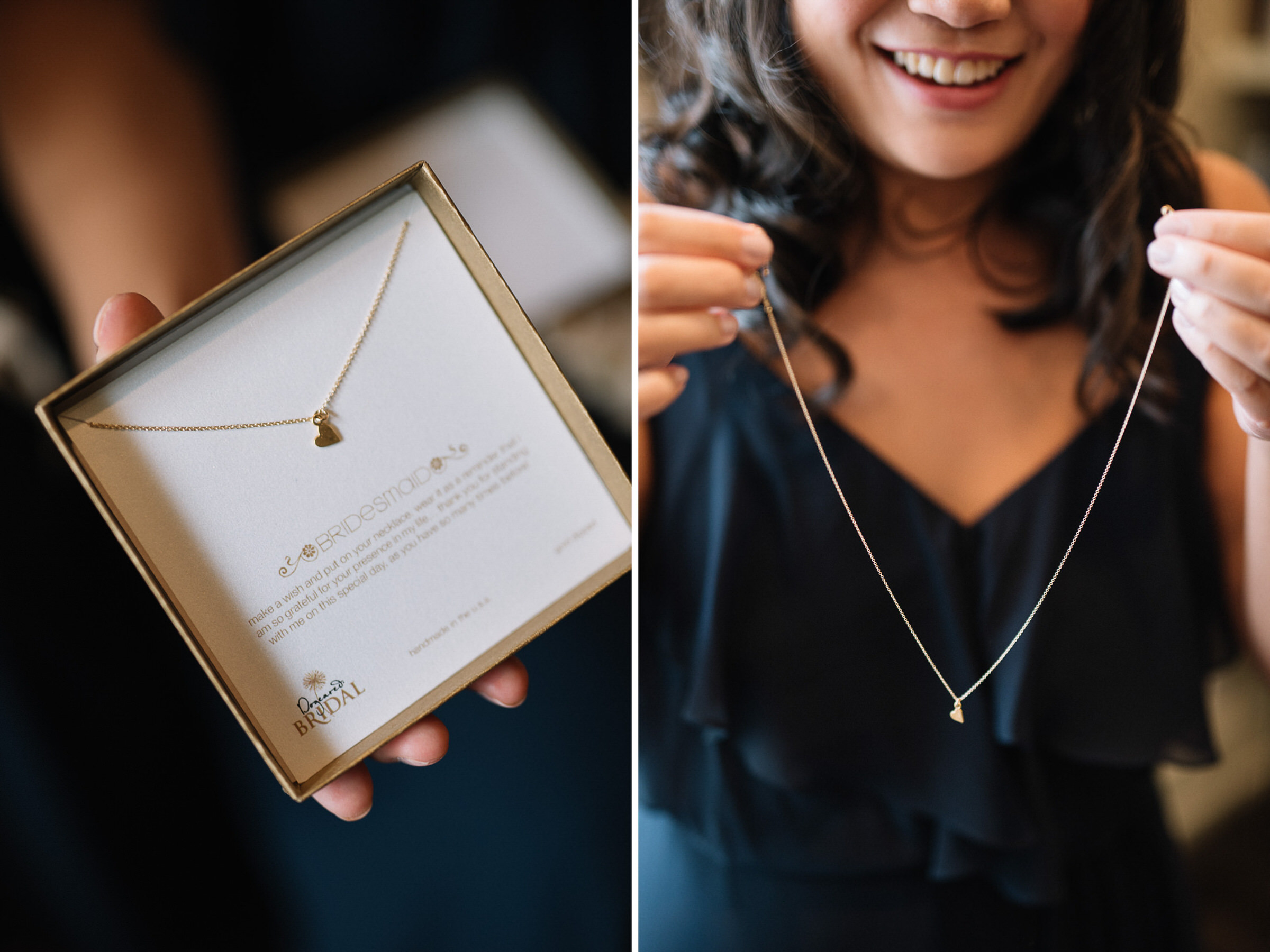 Amy gifts her bridesmaids lovely heart necklaces as thank-yous.