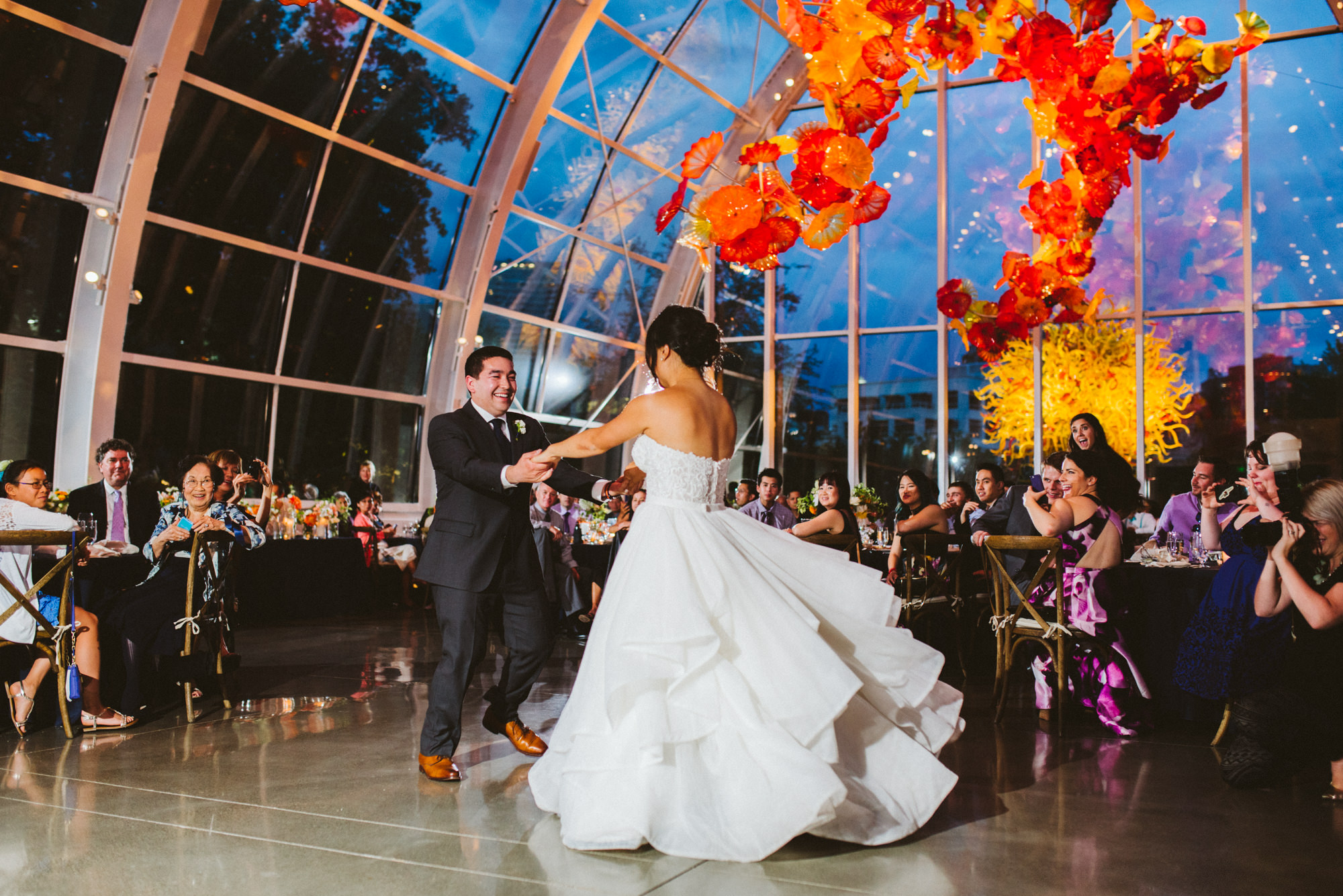 Amy and Jeremy share their first dance at Chihuly Garden and Glass