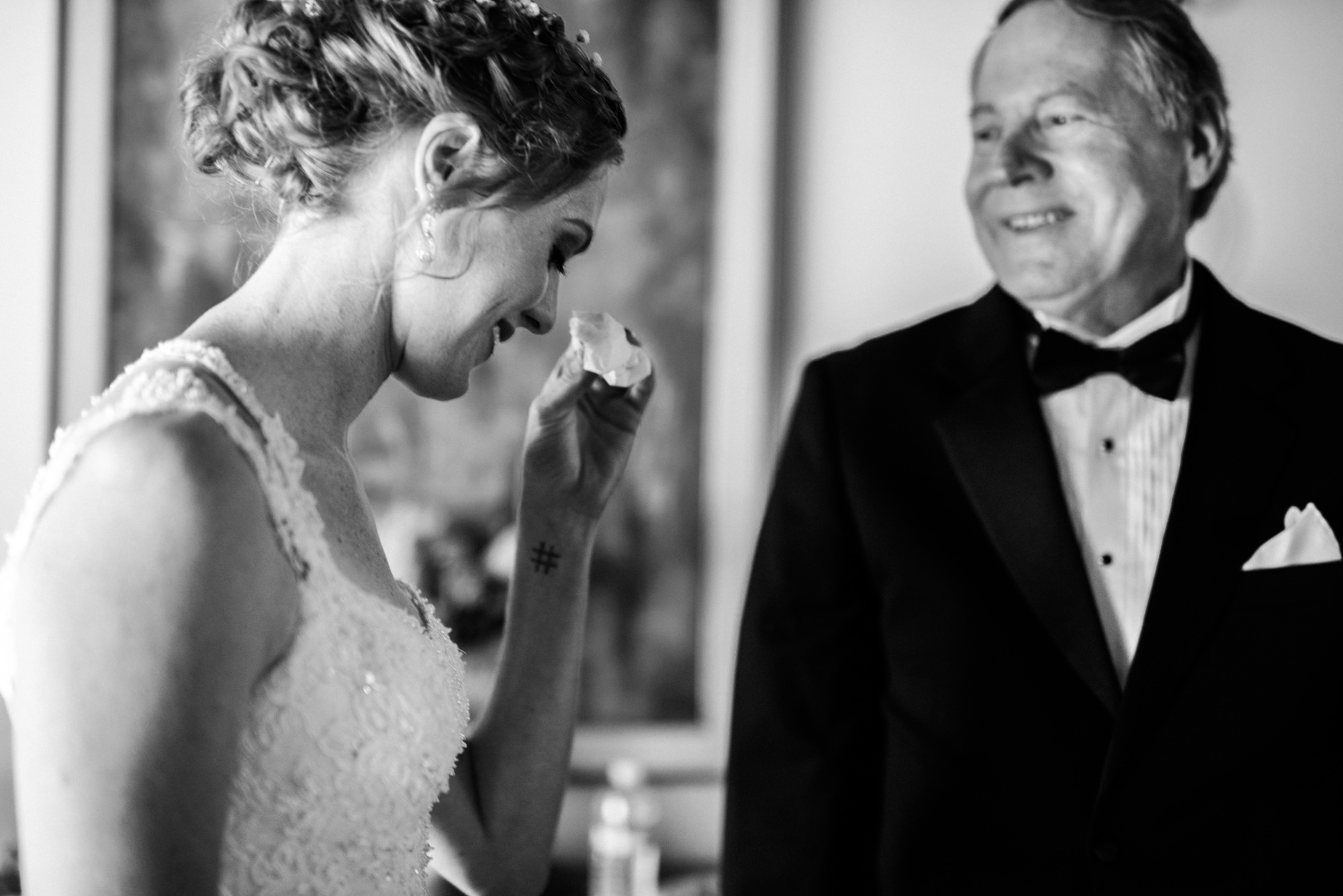 Katherine's dad sees her in her dress for the first time. Kingston House wedding, September 2016. Kingston, Washington.