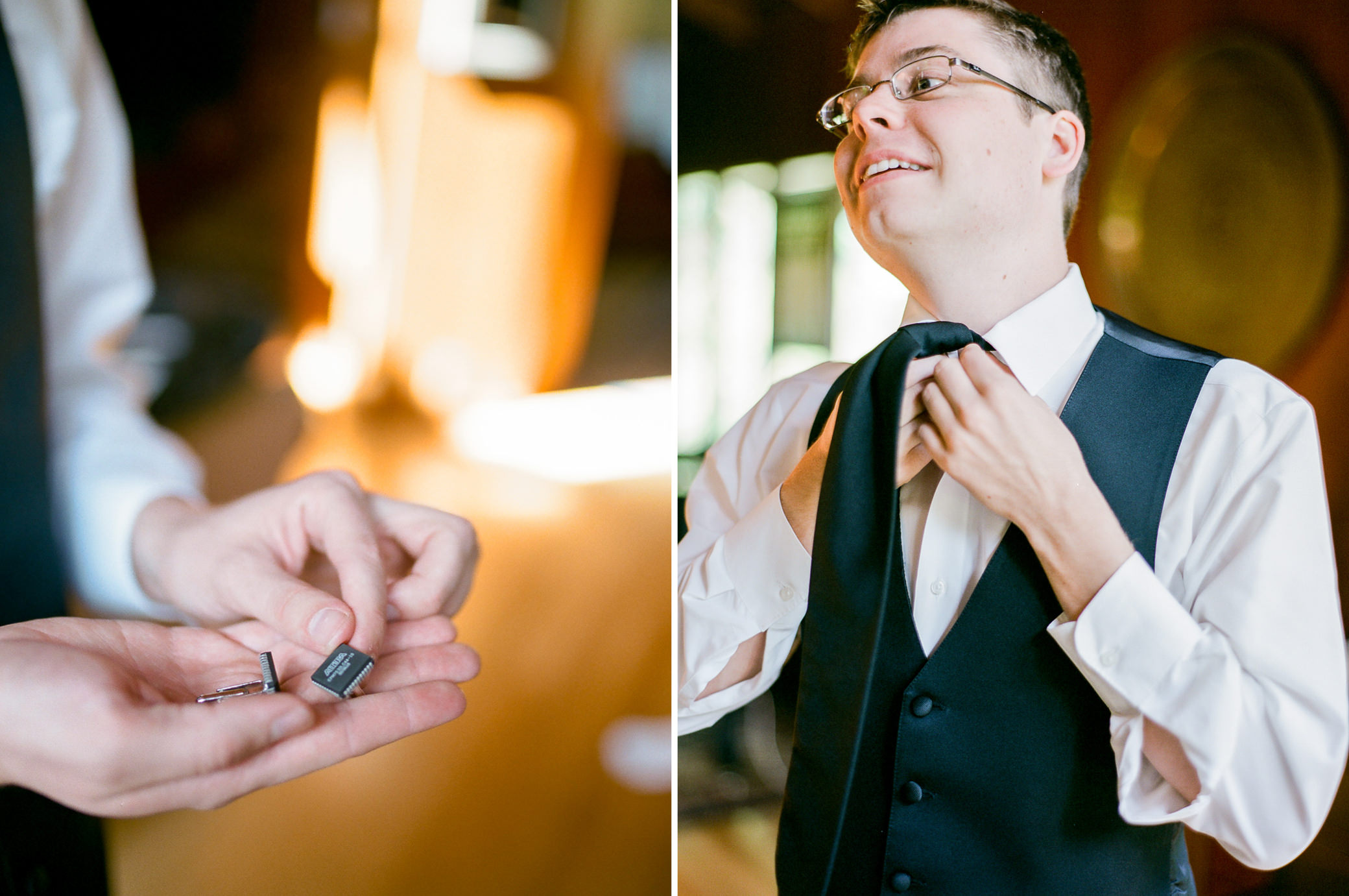 Katherine gave Graeme some cool computer chip cufflinks for their wedding day at KIngston House.