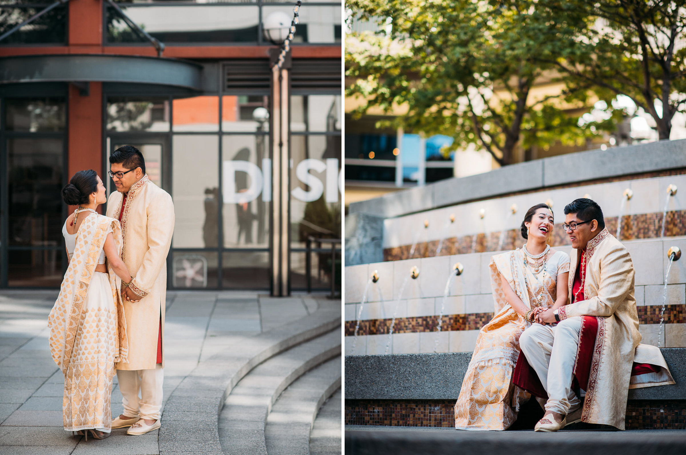 Julie and Neel having their professional wedding photos taken at the Harbor Steps, downtown Seattle, before their Hindu wedding at the Four Seasons Seattle, WA. 