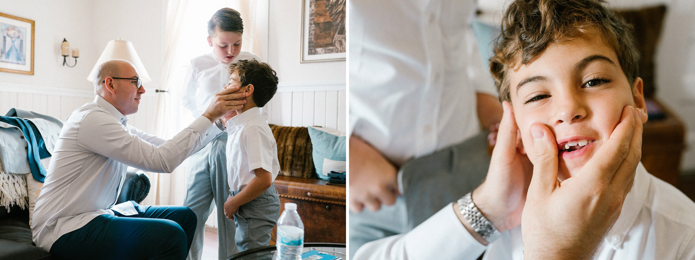 Wayfarer Whidbey Island Wedding: Funny candids of the groom and his sons getting ready.
