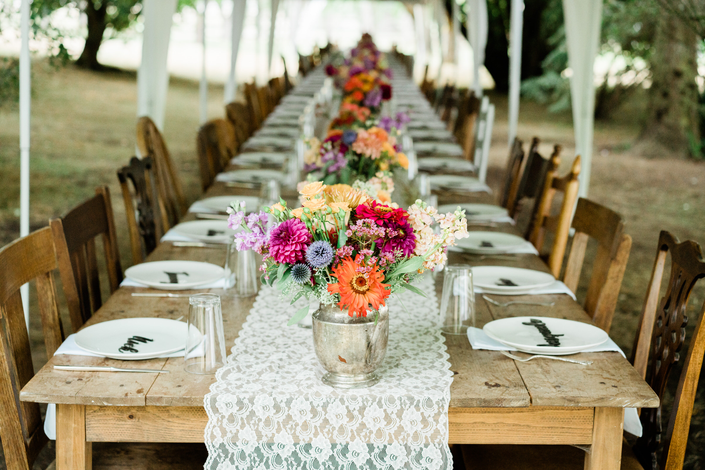 Wayfarer Whidbey Island Wedding: Tablescape outdoor wedding reception summer