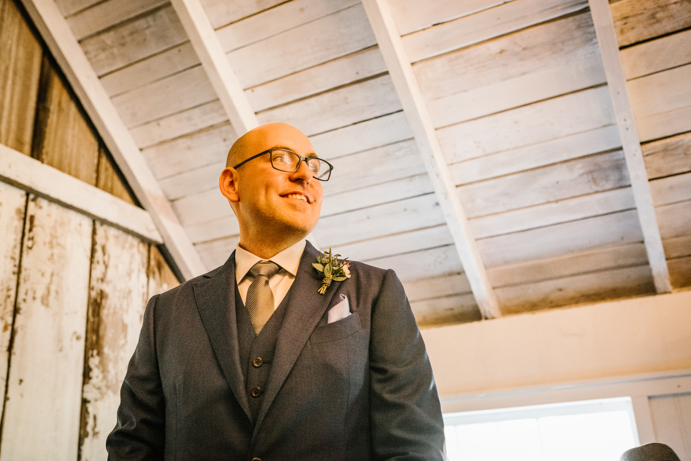 Wayfarer Whidbey Island Wedding: Joe watches his bride walk down the aisle