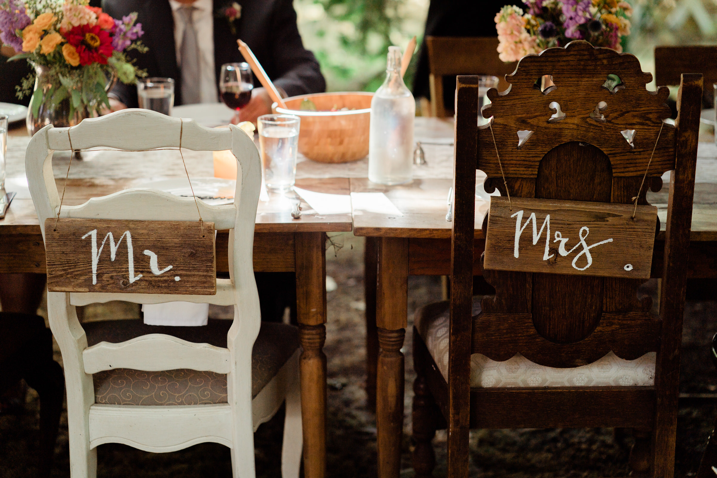 Wayfarer Whidbey Island Wedding: Rustin wood Bride and Groom chair signs