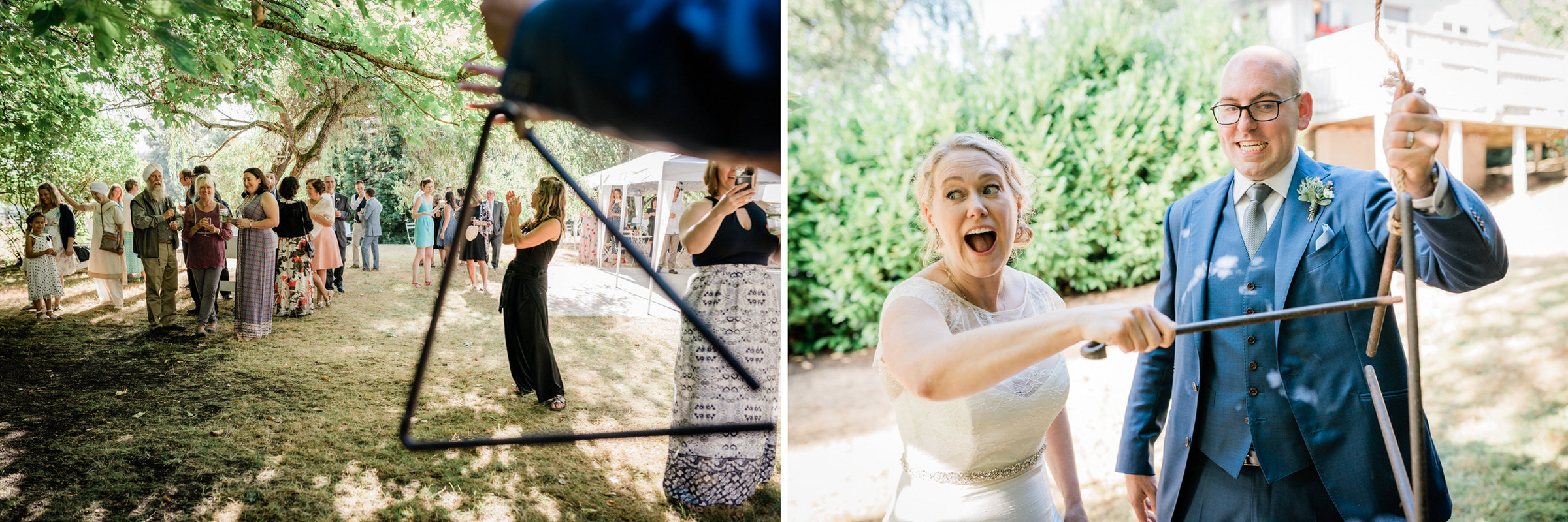 Wayfarer Whidbey Island Wedding: Bride and groom ringing the dinner bell at their wedding
