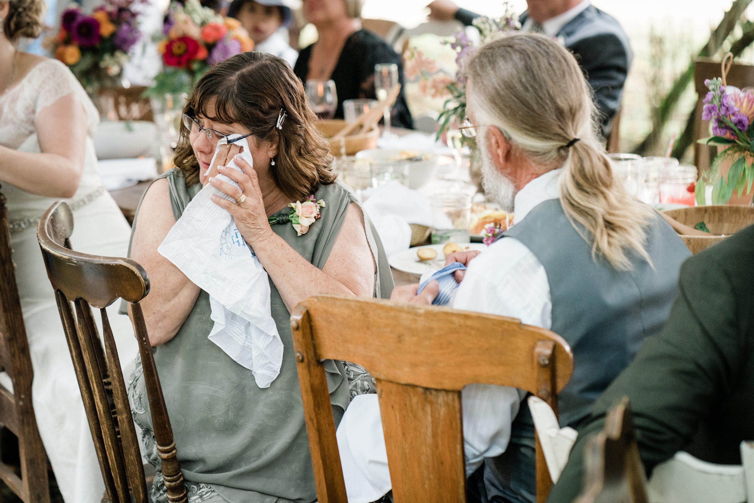 Wayfarer Whidbey Island Wedding: Sara's mom tears up at maid of honor Sylvia's toast