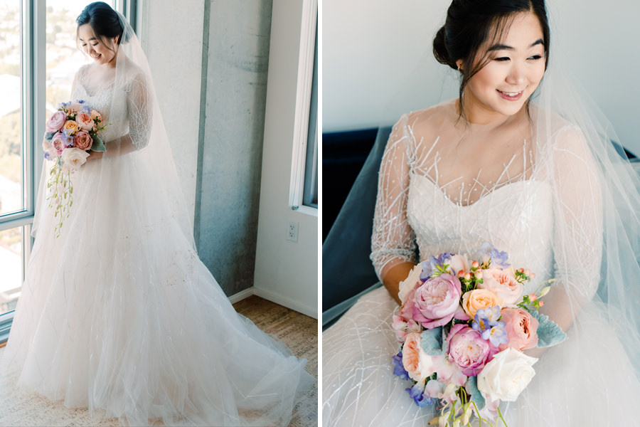 Beautiful Emma in her gown and sweet spring inspired bouquet