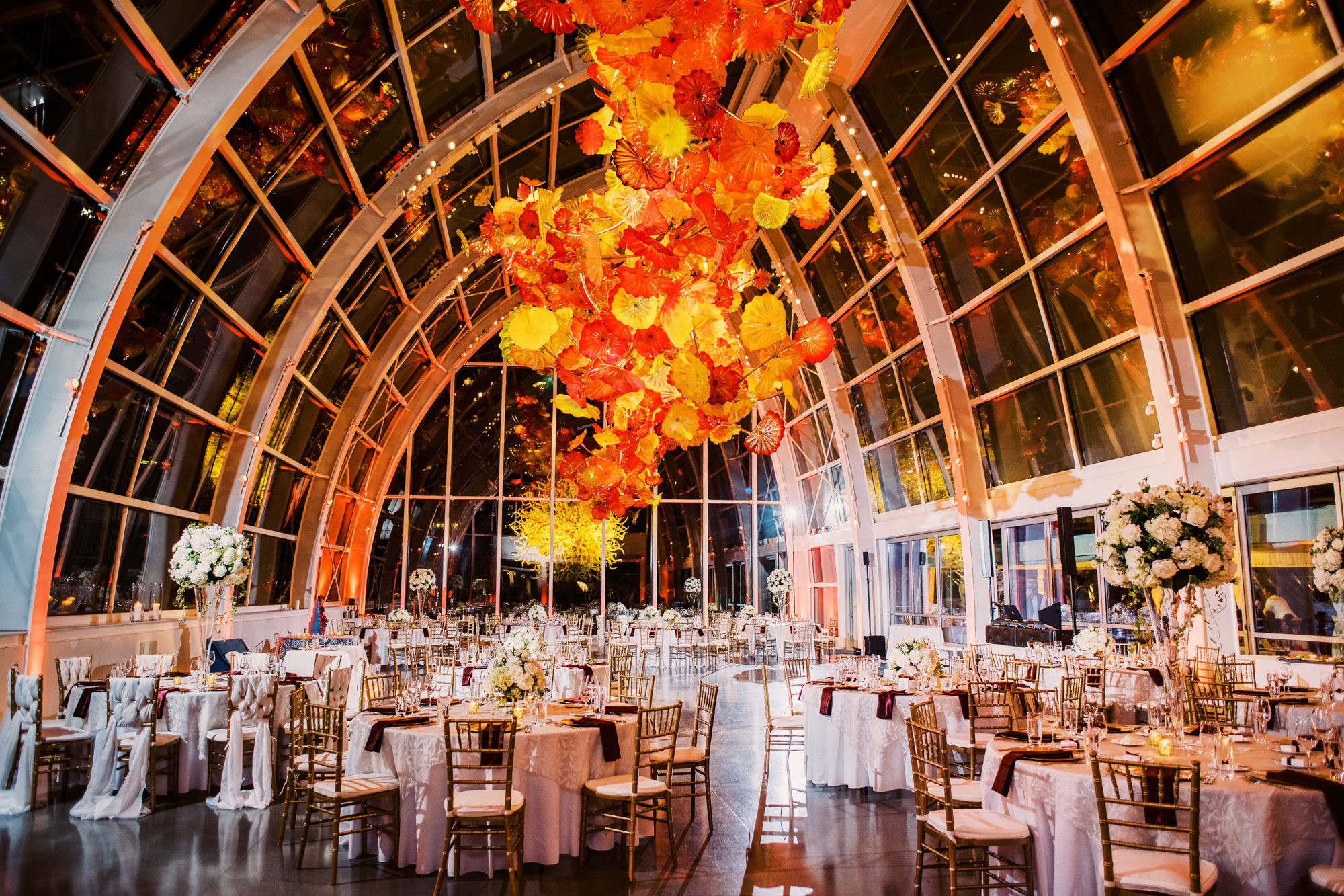 Lauren and Kyle's wedding reception at the Chihuly Garden & Glass