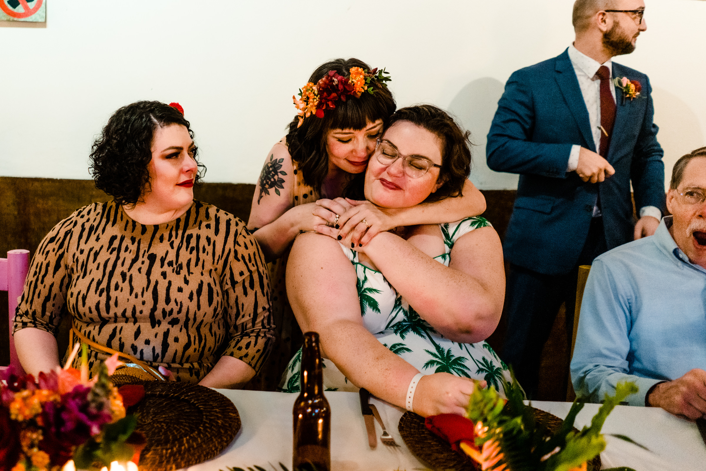 Faythe hugs her guests at her wedding reception at El Arrayán