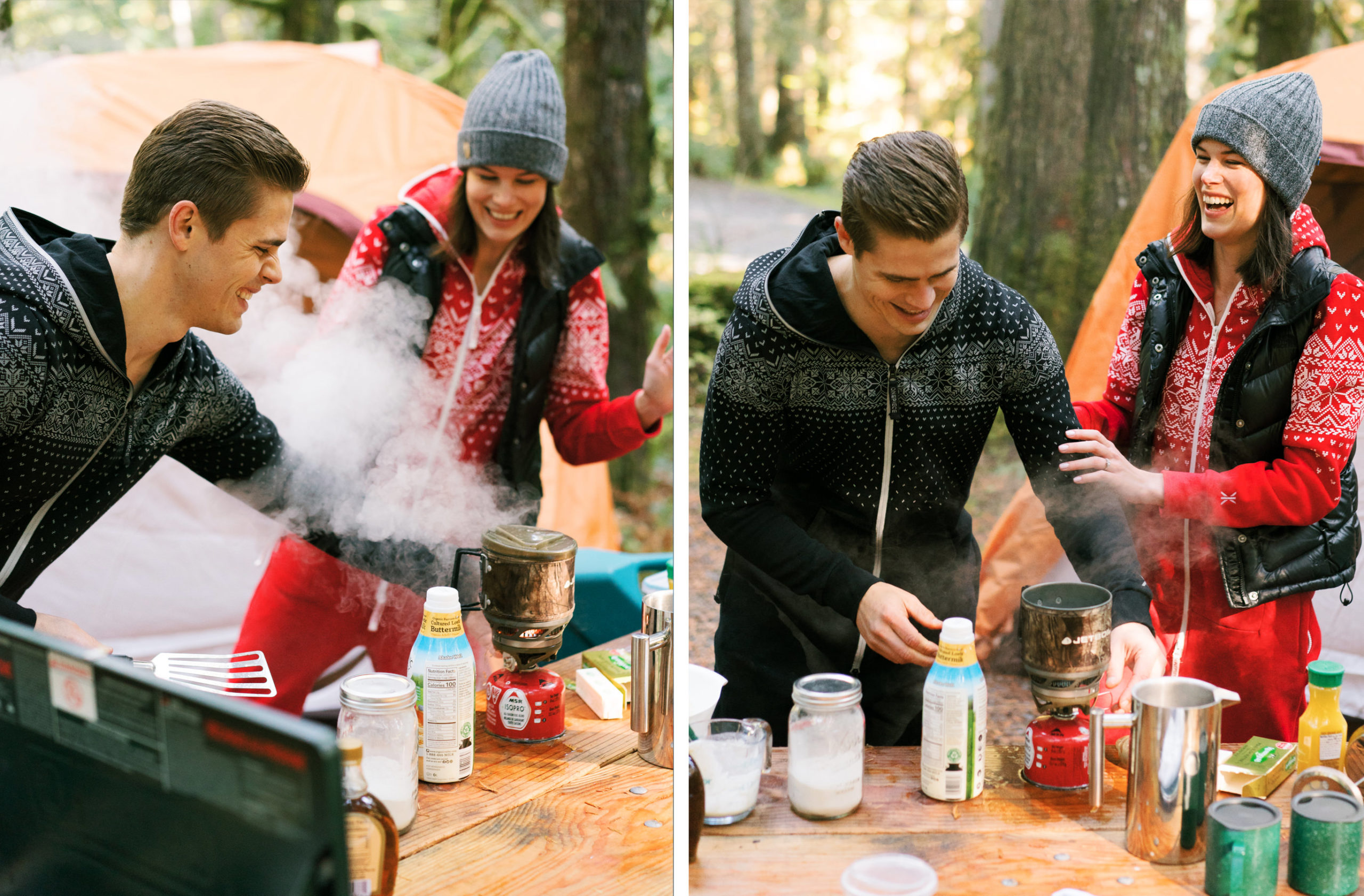 Seattle engagement portraits camping cooking mishaps