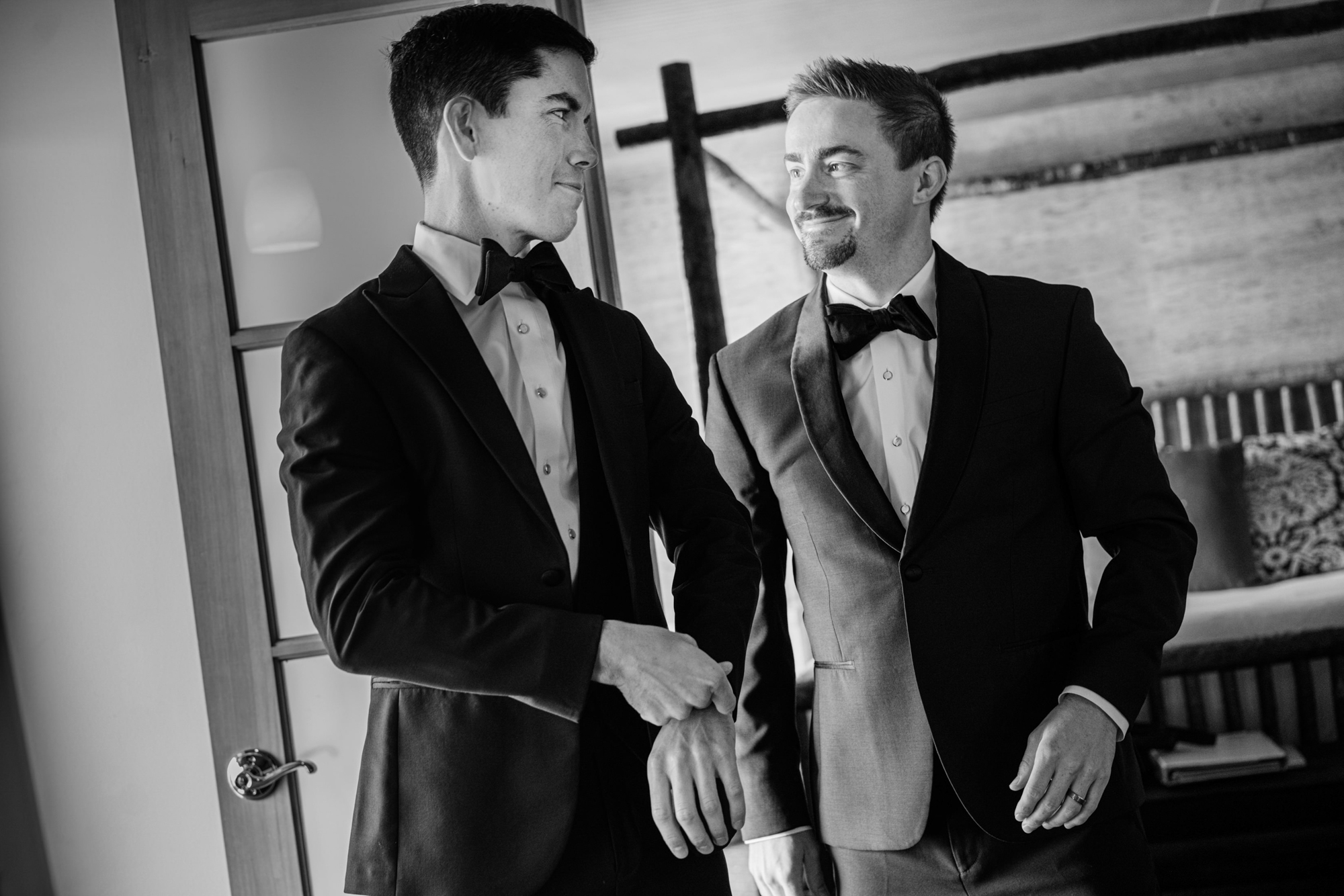Wedding at the Edgewater Hotel Seattle: Groom Shane and groomsman get ready