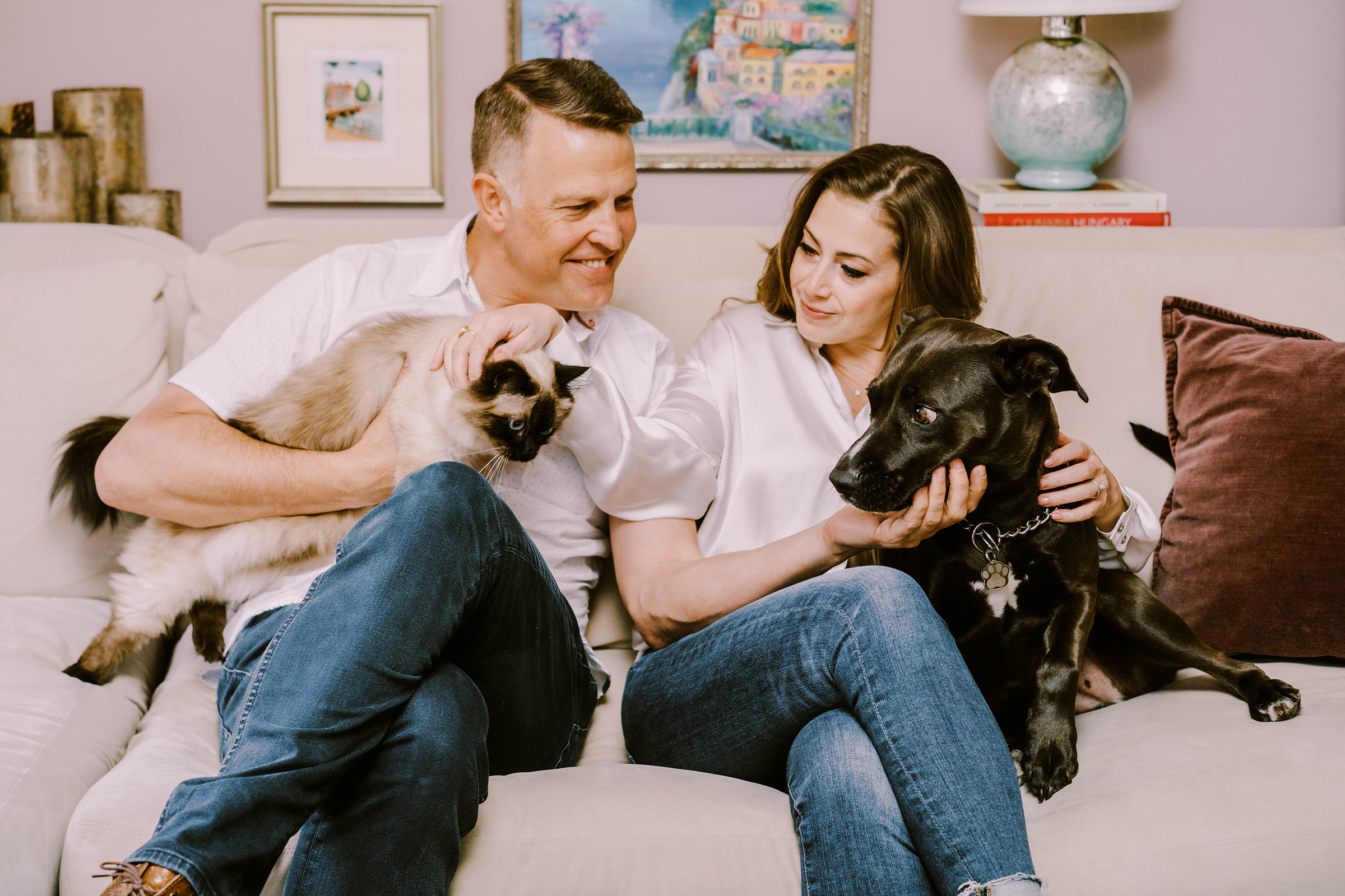 Engagement session at home with dogs by Seattle wedding photographers Jenn Tai & Co
