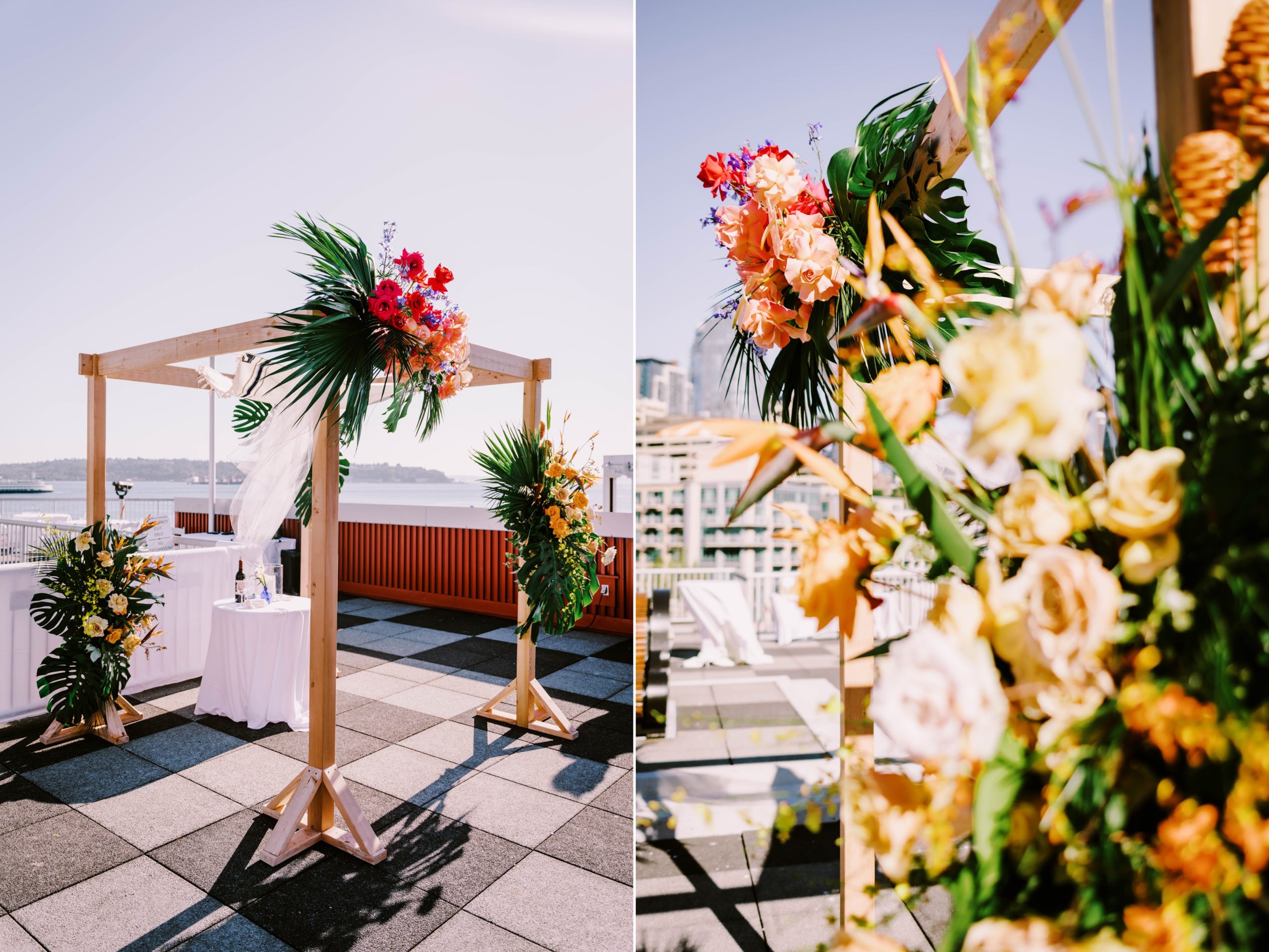 Joey and Dustin's wedding at Bell Harbor Conference Center rooftop, Summer 2022. Florals by Bahtoh.
