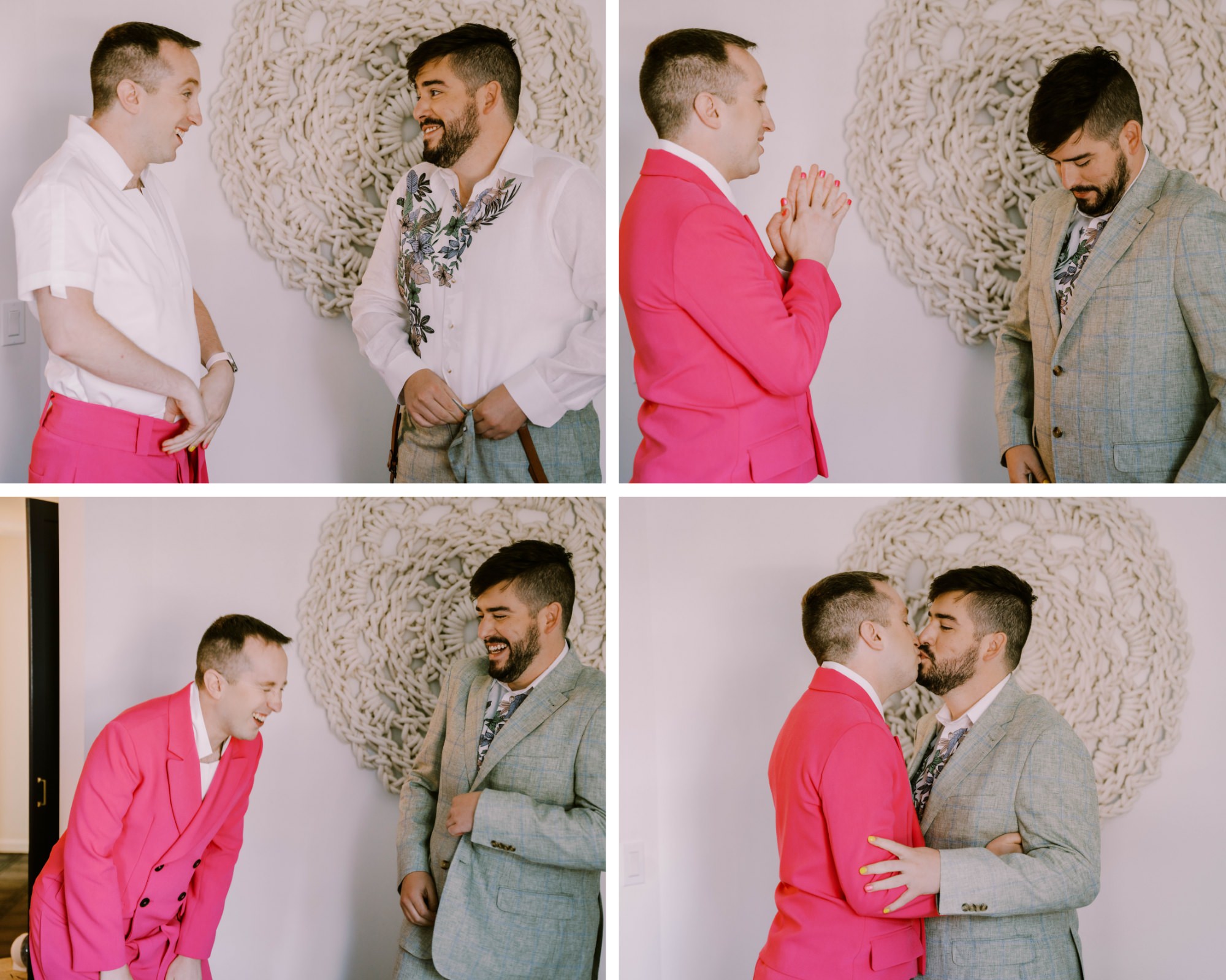 Joey and Dustin get ready at The Palladian Hotel in Seattle for their wedding, summer 2022