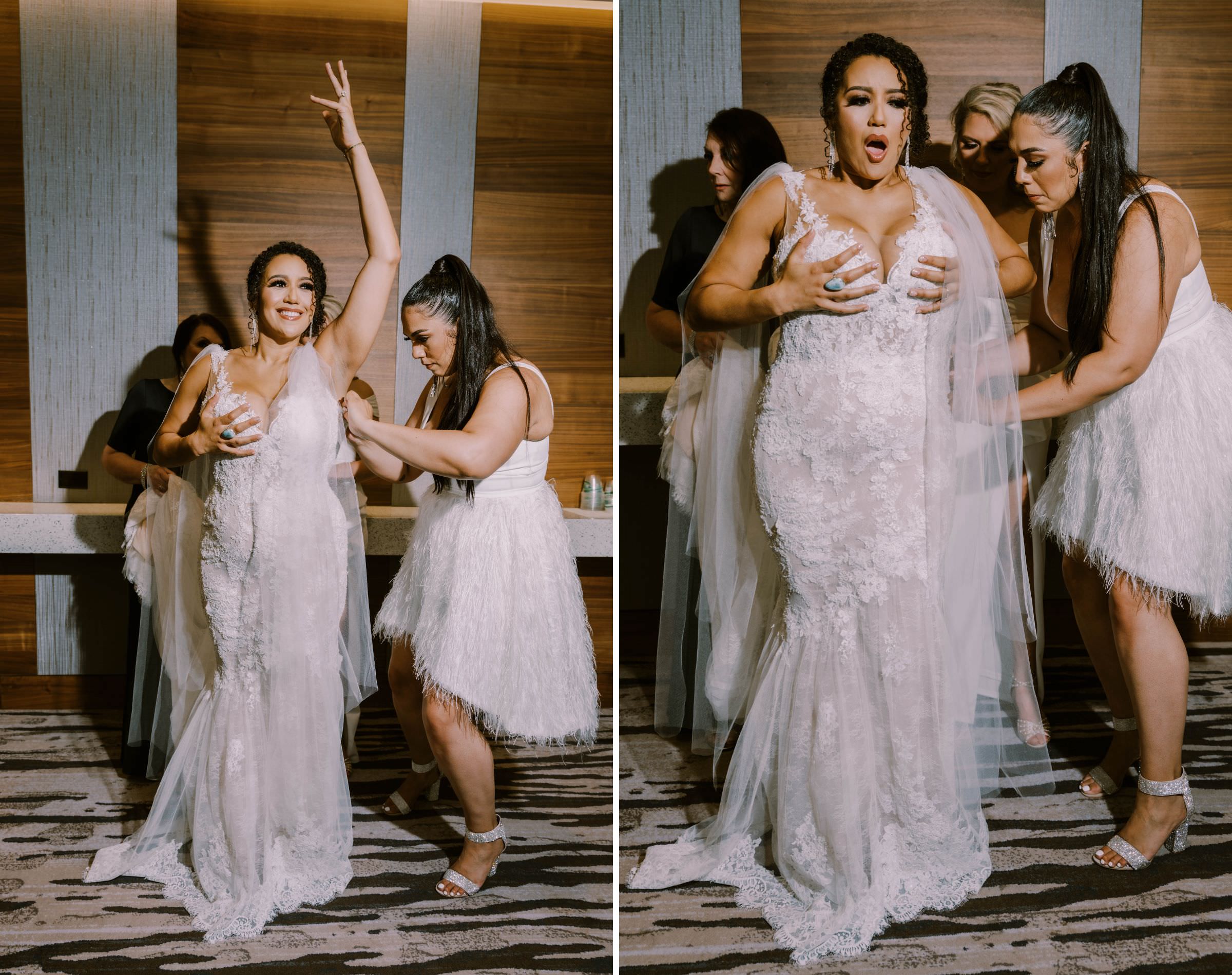 Bride Kasi getting into her wedding gown during her wedding day at Hyatt Regency Lake Washington, summer 2022
