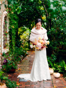 Lie and Kevin at their fall wedding at The Corson Building