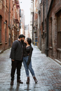 Couple engagement photos near Pioneer Square Seattle Spring 2024