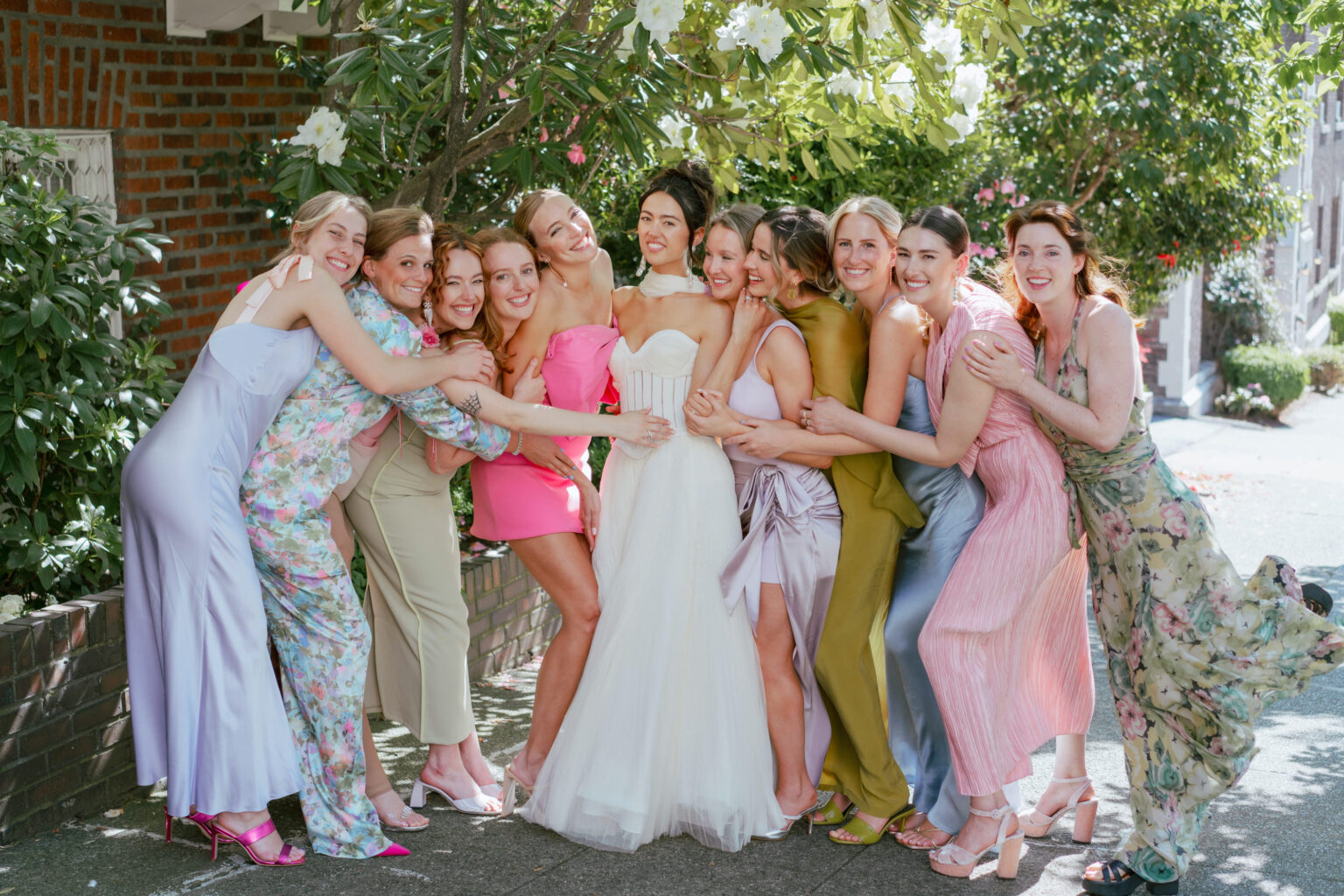 Brooke and bridesmaids and girl friends outside the Sunset Club in Seattle, May 2023