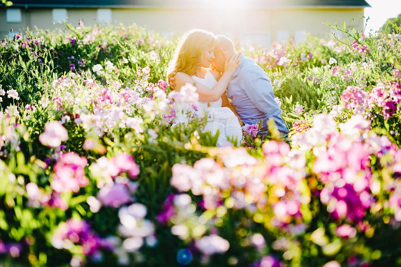 A couple sits closely, embracing each other in a field of vibrant, pink and purple flowers, with sunlight shining in the background. Both are facing each other with their eyes closed, sharing an intimate moment. The scene is bathed in warm light. captured by Seattle Wedding Photographers Jenn Tai & Co